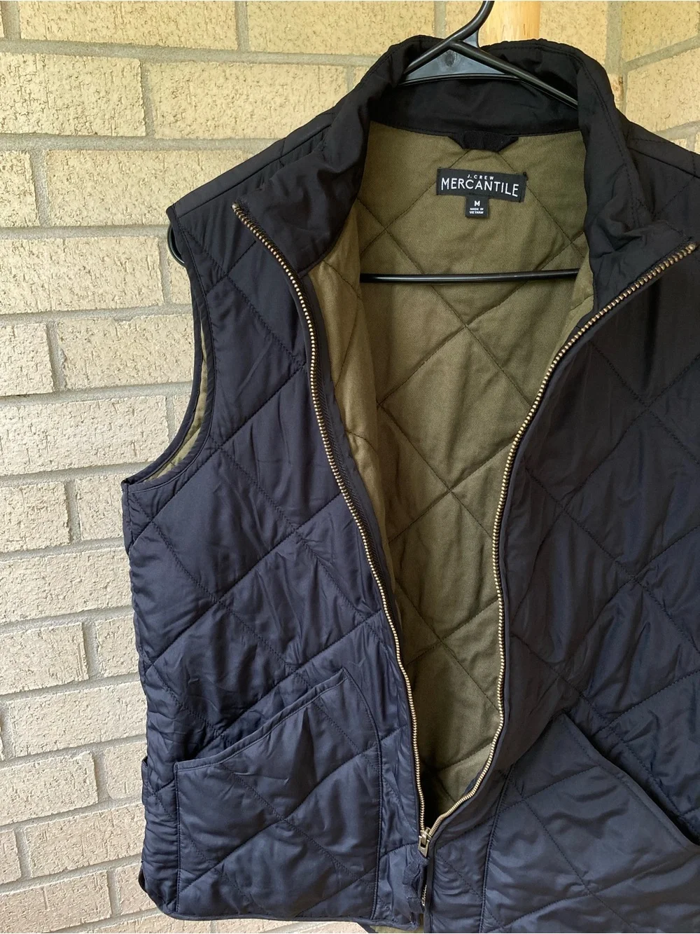 J. Crew Black Quilted Light Puffer Zip Up Vest Green Cotton Lining